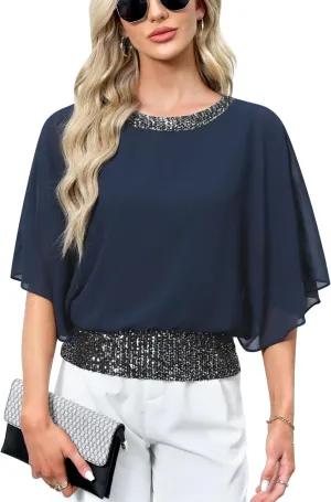 For G and PL Women's Summer Chiffon Shirt Sparkle Sequin Crewneck 3/4 Sleeve Dolman Top Blouses