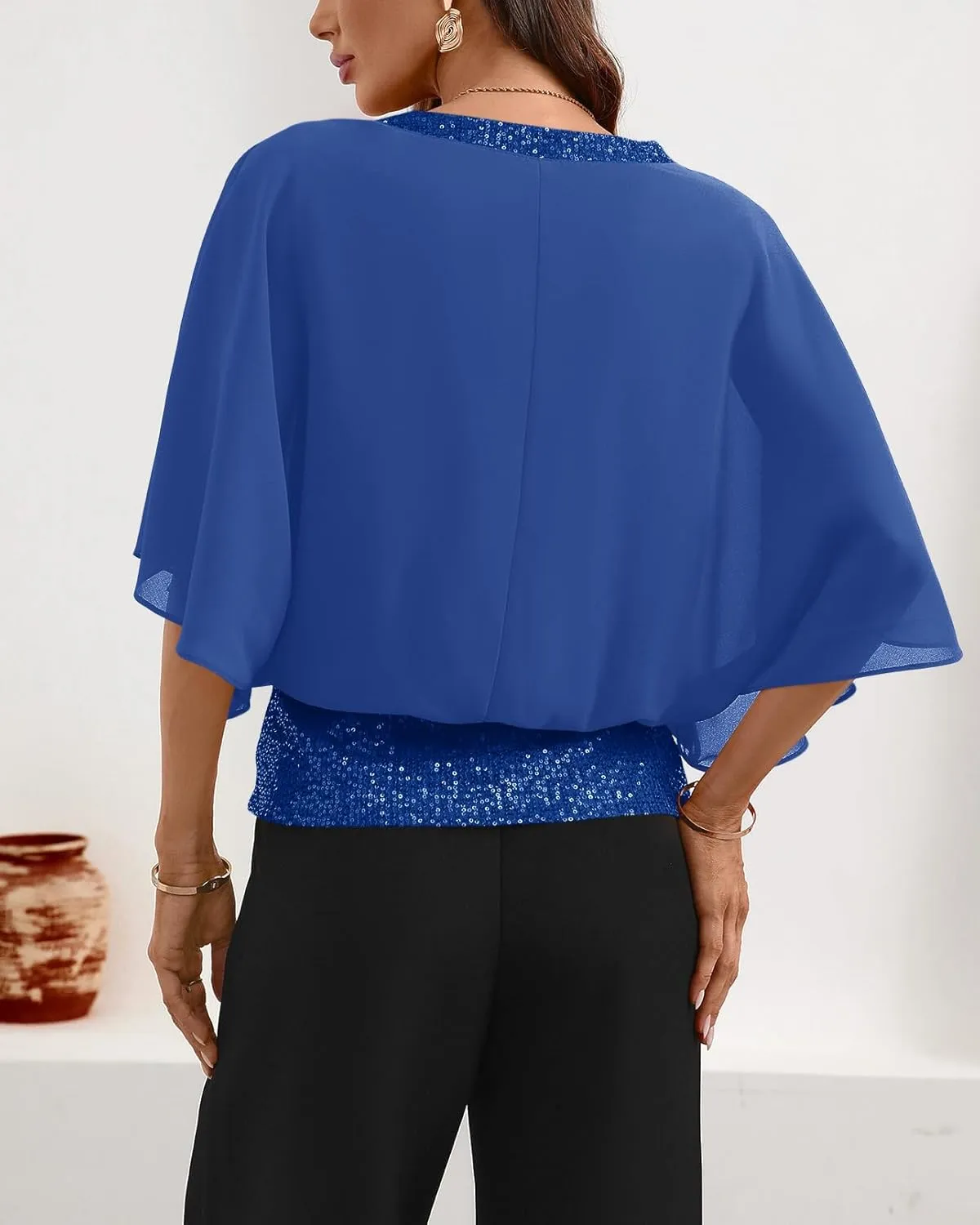 For G and PL Women's Summer Chiffon Shirt Sparkle Sequin Crewneck 3/4 Sleeve Dolman Top Blouses