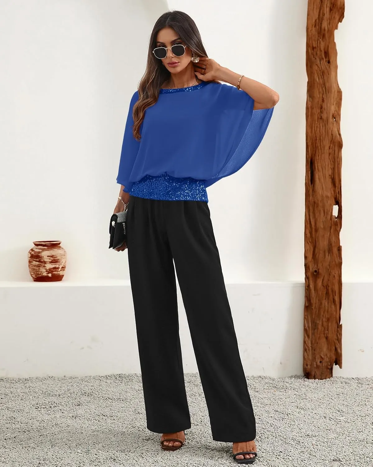 For G and PL Women's Summer Chiffon Shirt Sparkle Sequin Crewneck 3/4 Sleeve Dolman Top Blouses