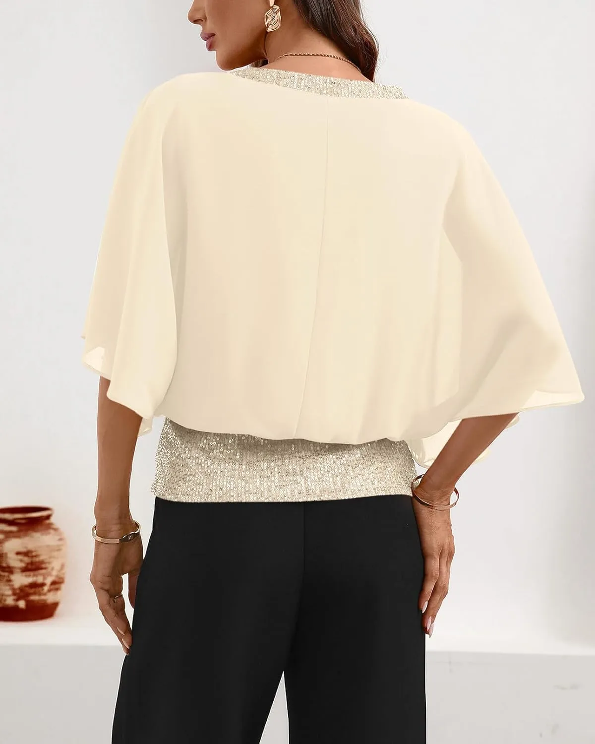For G and PL Women's Summer Chiffon Shirt Sparkle Sequin Crewneck 3/4 Sleeve Dolman Top Blouses