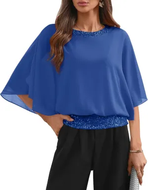 For G and PL Women's Summer Chiffon Shirt Sparkle Sequin Crewneck 3/4 Sleeve Dolman Top Blouses