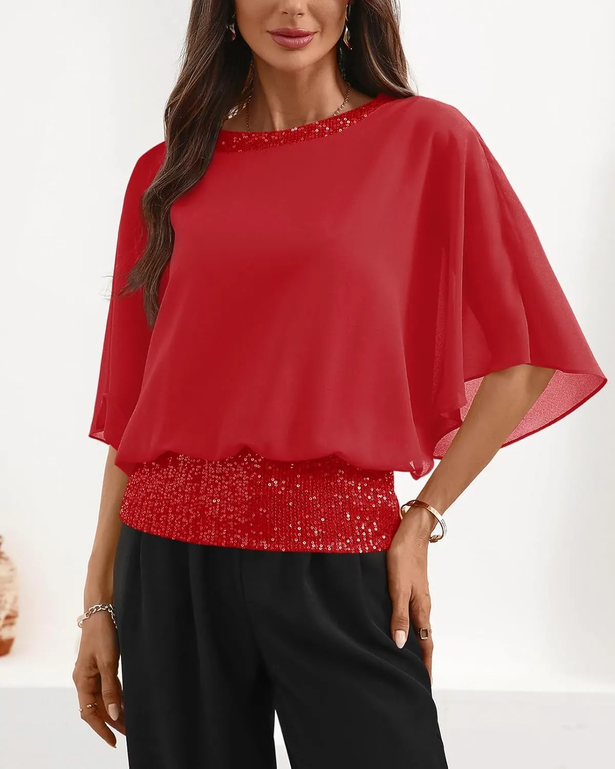 For G and PL Women's Summer Chiffon Shirt Sparkle Sequin Crewneck 3/4 Sleeve Dolman Top Blouses