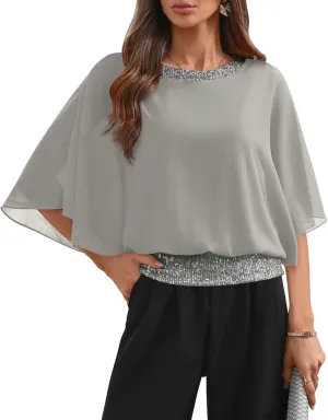 For G and PL Women's Summer Chiffon Shirt Sparkle Sequin Crewneck 3/4 Sleeve Dolman Top Blouses