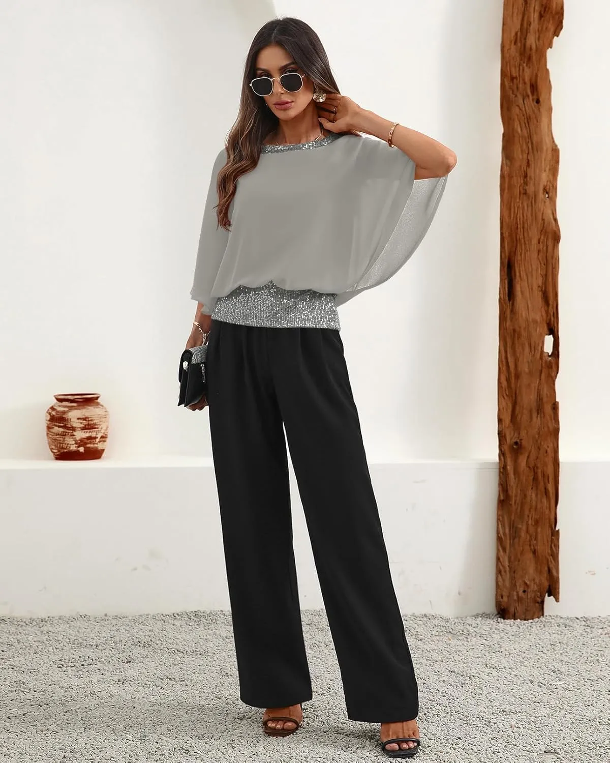 For G and PL Women's Summer Chiffon Shirt Sparkle Sequin Crewneck 3/4 Sleeve Dolman Top Blouses