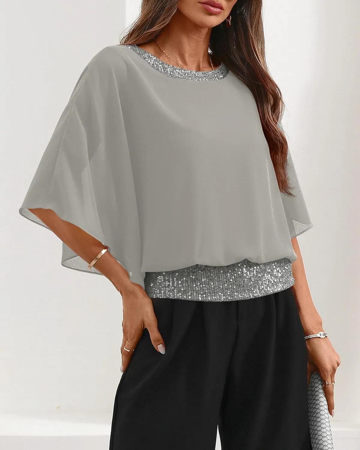 For G and PL Women's Summer Chiffon Shirt Sparkle Sequin Crewneck 3/4 Sleeve Dolman Top Blouses