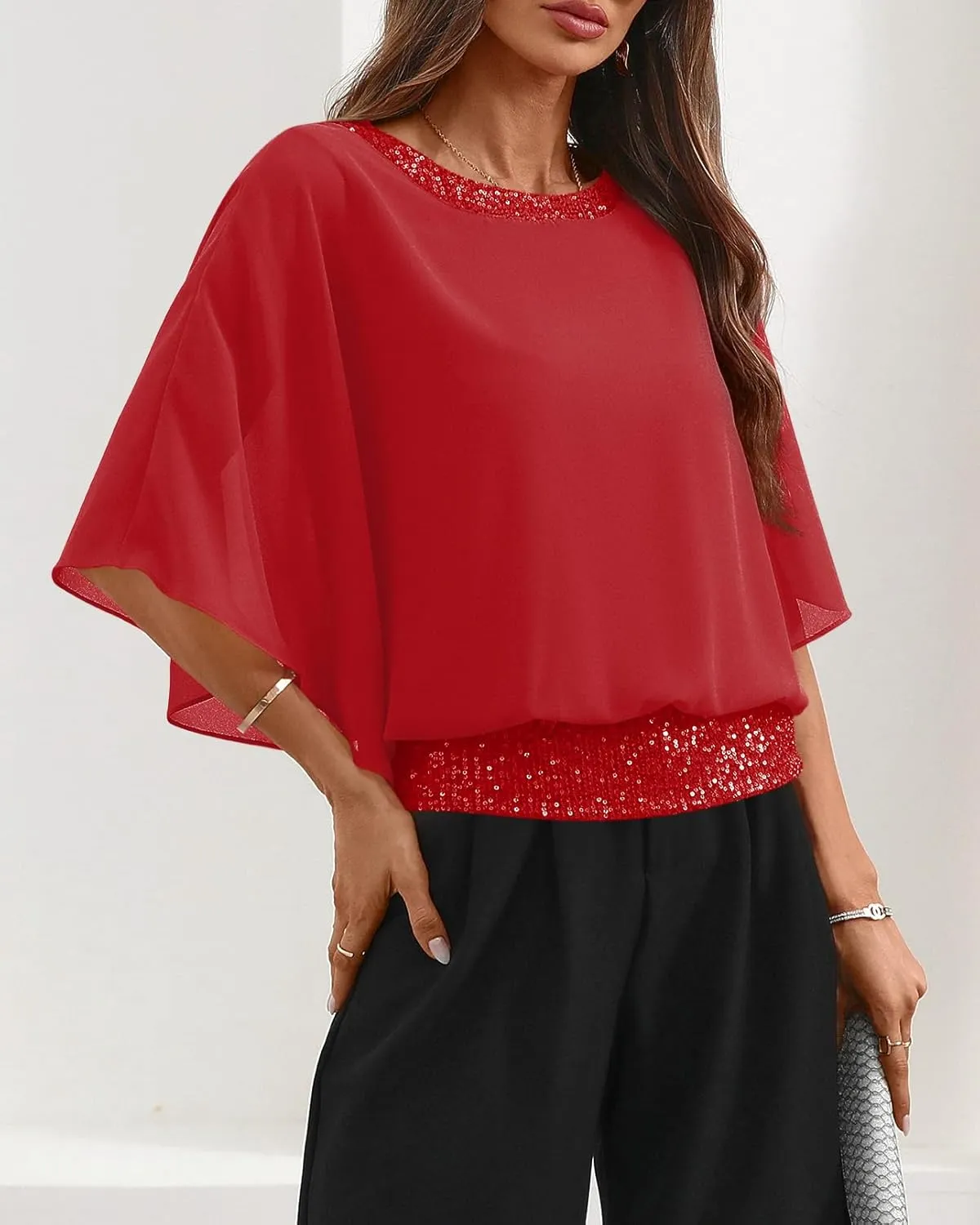For G and PL Women's Summer Chiffon Shirt Sparkle Sequin Crewneck 3/4 Sleeve Dolman Top Blouses