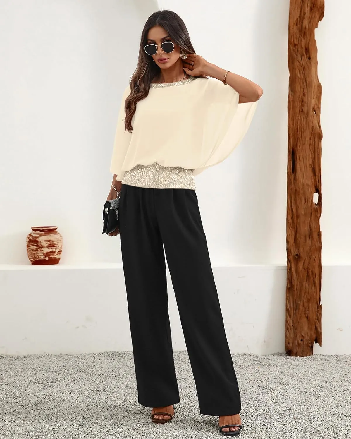 For G and PL Women's Summer Chiffon Shirt Sparkle Sequin Crewneck 3/4 Sleeve Dolman Top Blouses