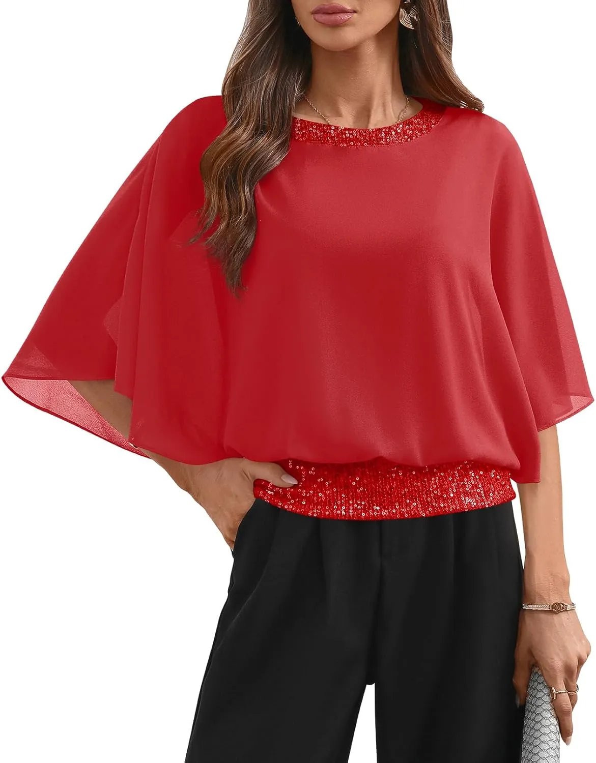 For G and PL Women's Summer Chiffon Shirt Sparkle Sequin Crewneck 3/4 Sleeve Dolman Top Blouses