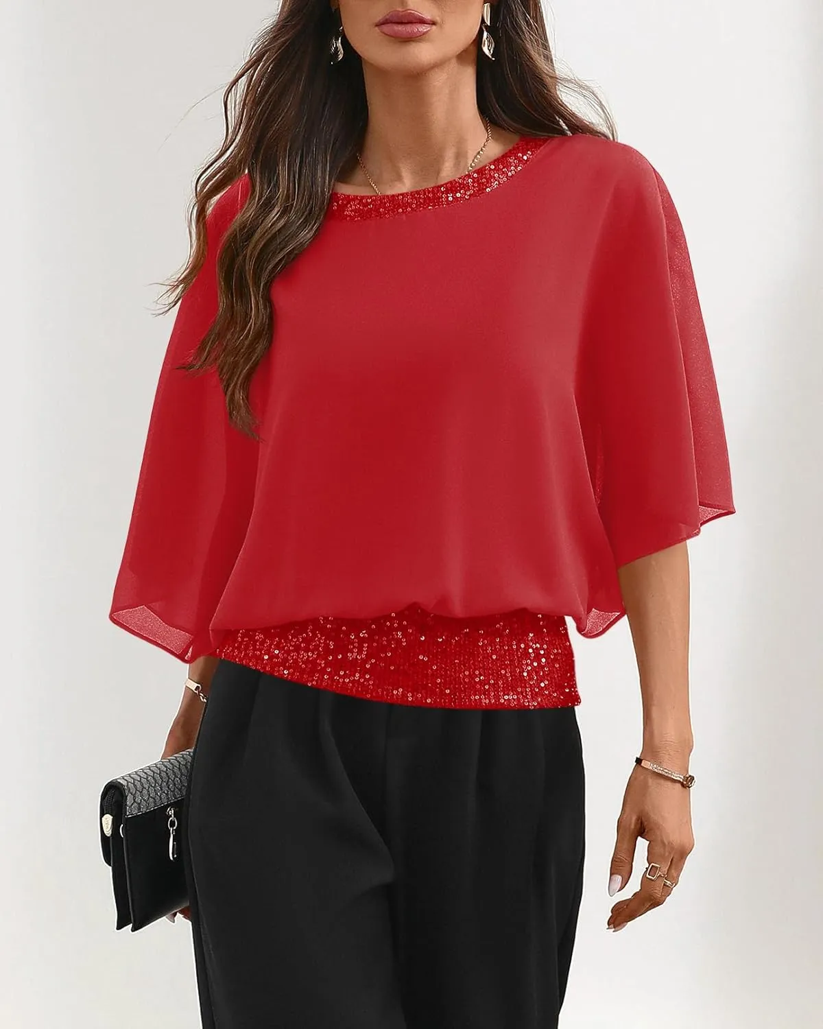 For G and PL Women's Summer Chiffon Shirt Sparkle Sequin Crewneck 3/4 Sleeve Dolman Top Blouses