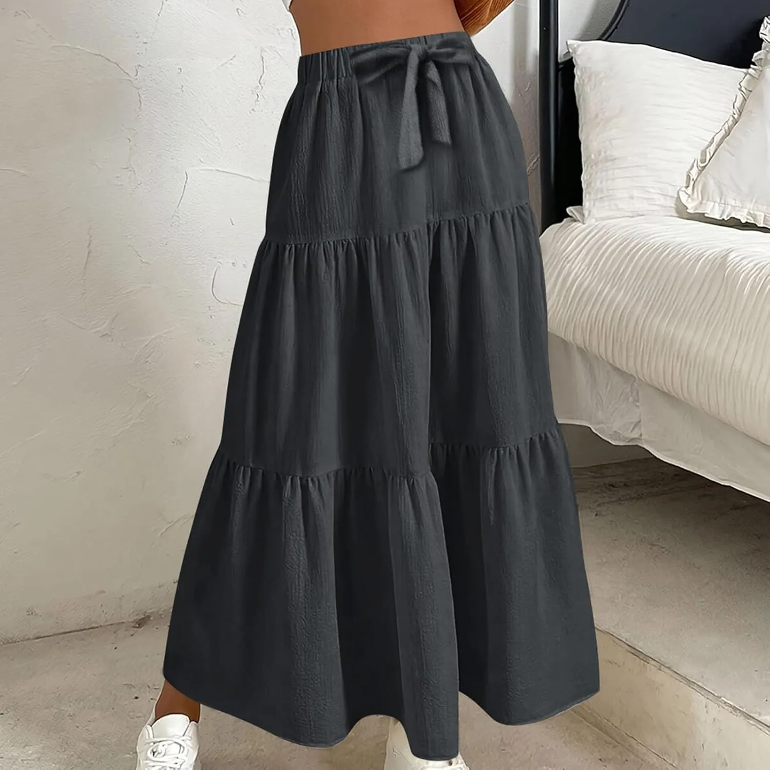 FZYLQY Linen Maxi Skirts for Women 2025 Casual Summer Tiered Long Pleated Skirt Comfy Elastic Waist Beach A Line Flowy Skirt