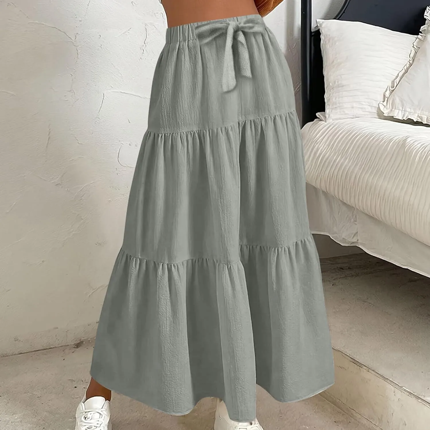 FZYLQY Linen Maxi Skirts for Women 2025 Casual Summer Tiered Long Pleated Skirt Comfy Elastic Waist Beach A Line Flowy Skirt