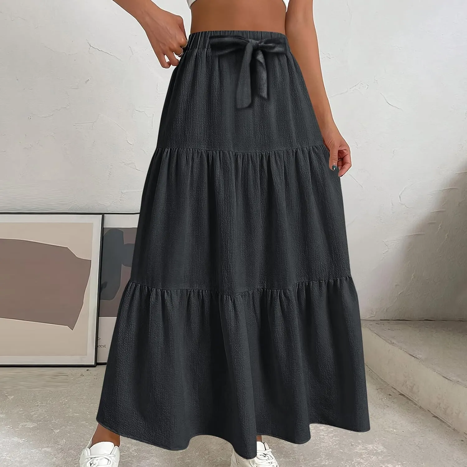 FZYLQY Linen Maxi Skirts for Women 2025 Casual Summer Tiered Long Pleated Skirt Comfy Elastic Waist Beach A Line Flowy Skirt