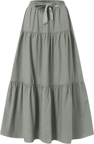 FZYLQY Linen Maxi Skirts for Women 2025 Casual Summer Tiered Long Pleated Skirt Comfy Elastic Waist Beach A Line Flowy Skirt