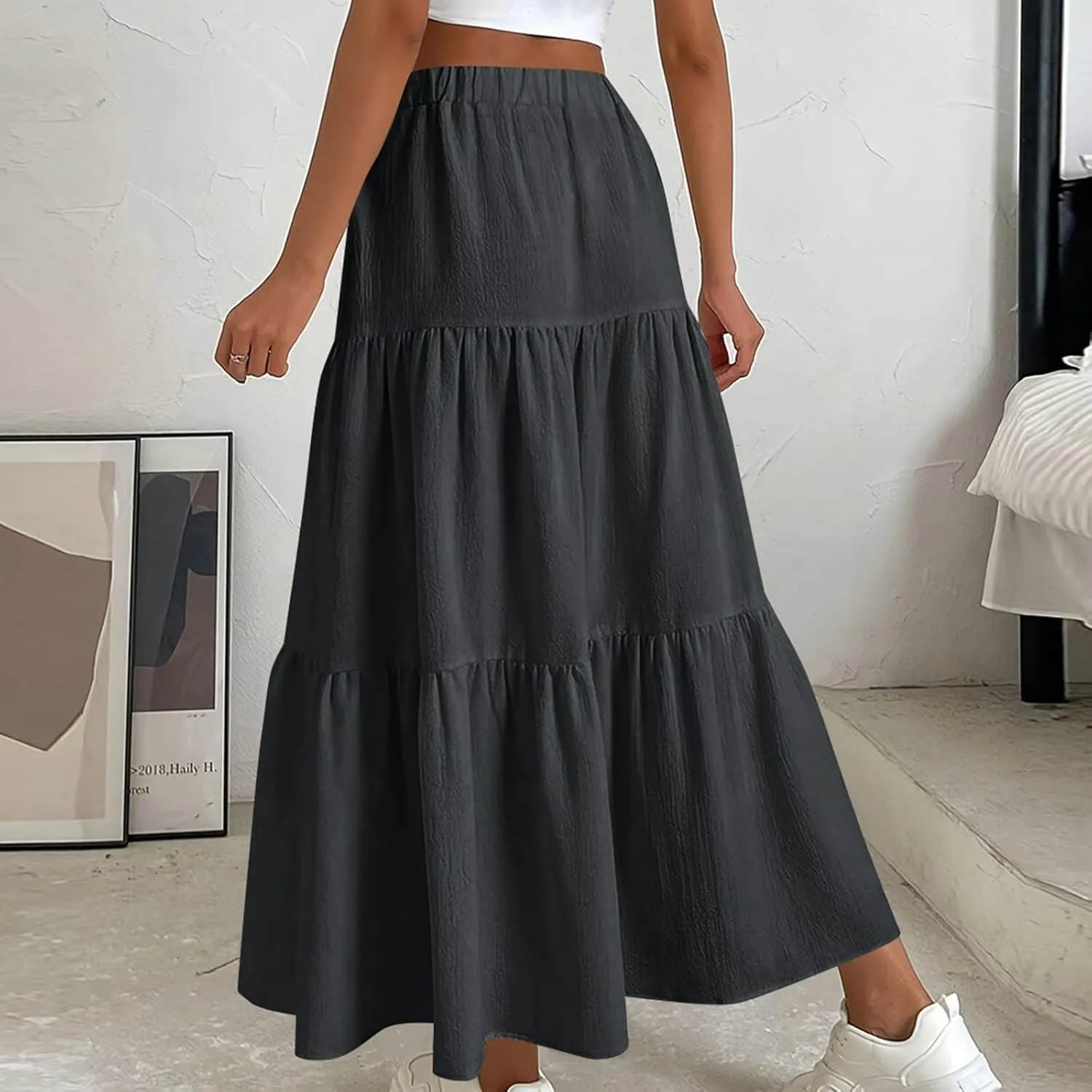 FZYLQY Linen Maxi Skirts for Women 2025 Casual Summer Tiered Long Pleated Skirt Comfy Elastic Waist Beach A Line Flowy Skirt