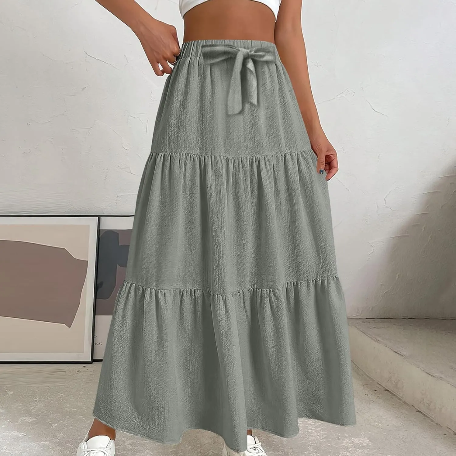 FZYLQY Linen Maxi Skirts for Women 2025 Casual Summer Tiered Long Pleated Skirt Comfy Elastic Waist Beach A Line Flowy Skirt