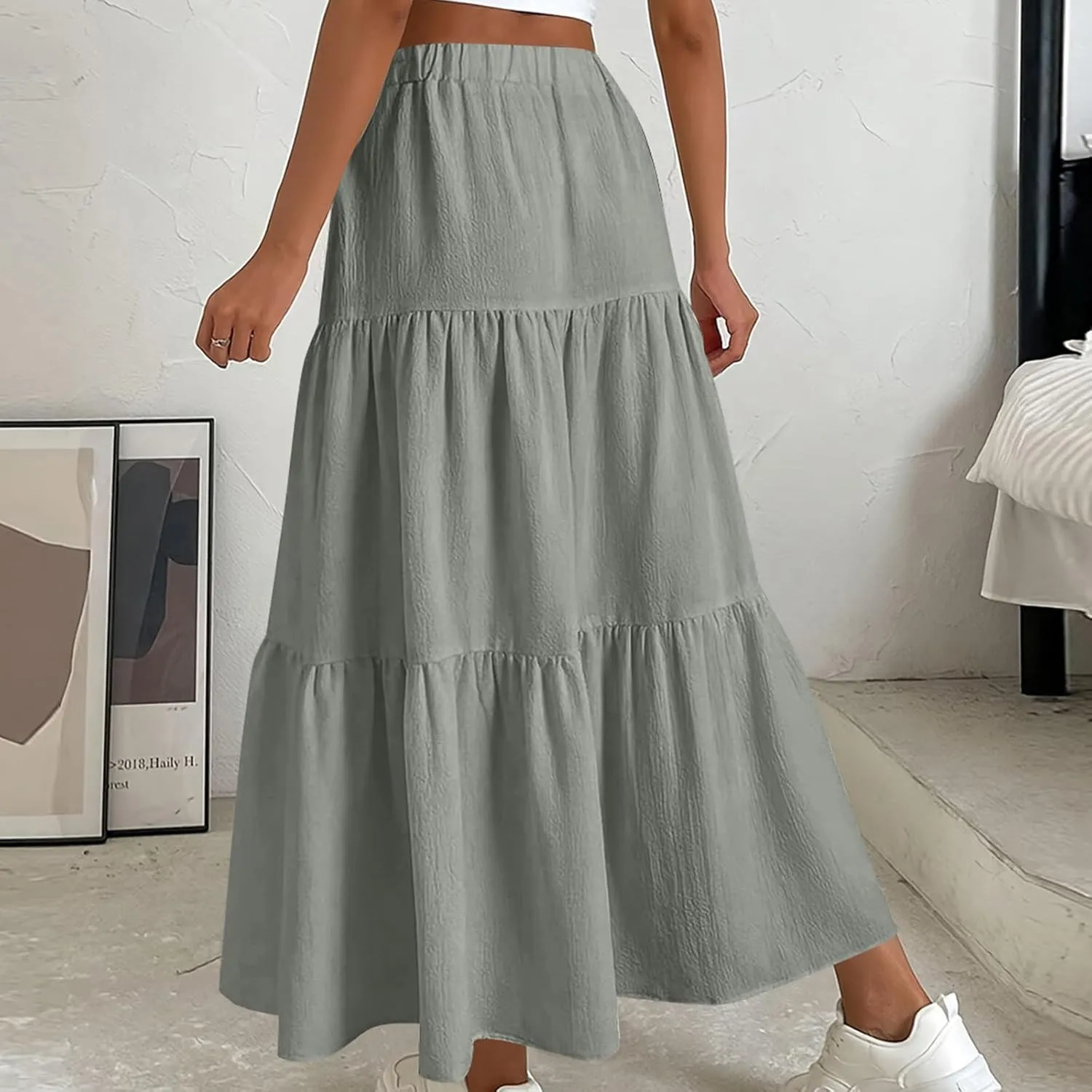 FZYLQY Linen Maxi Skirts for Women 2025 Casual Summer Tiered Long Pleated Skirt Comfy Elastic Waist Beach A Line Flowy Skirt