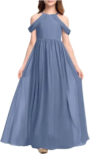 Girls Cold Shoulder Junior Bridesmaid Dresses A-Line Flowy Chiffon Floor Length Wedding Party Pageant Gown for 3-14 Years