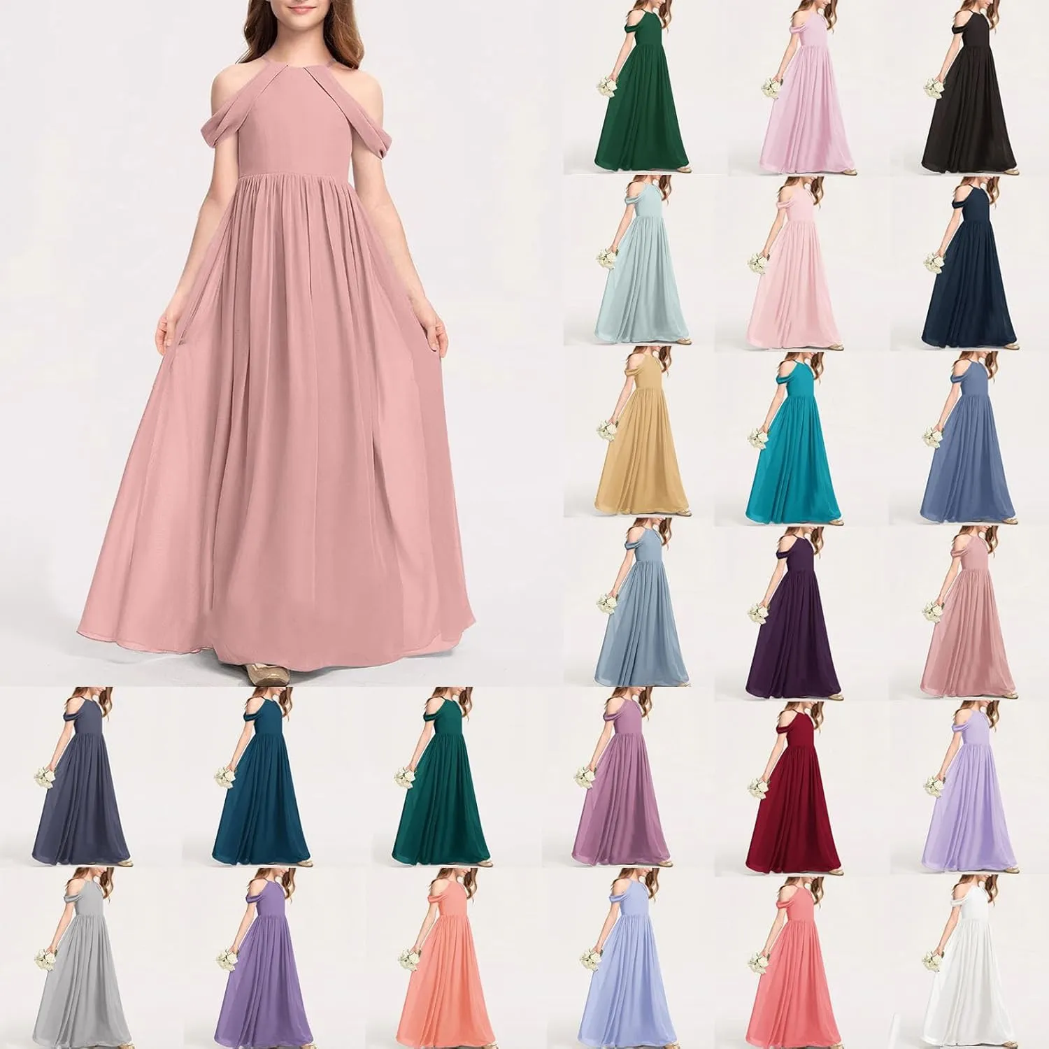 Girls Cold Shoulder Junior Bridesmaid Dresses A-Line Flowy Chiffon Floor Length Wedding Party Pageant Gown for 3-14 Years