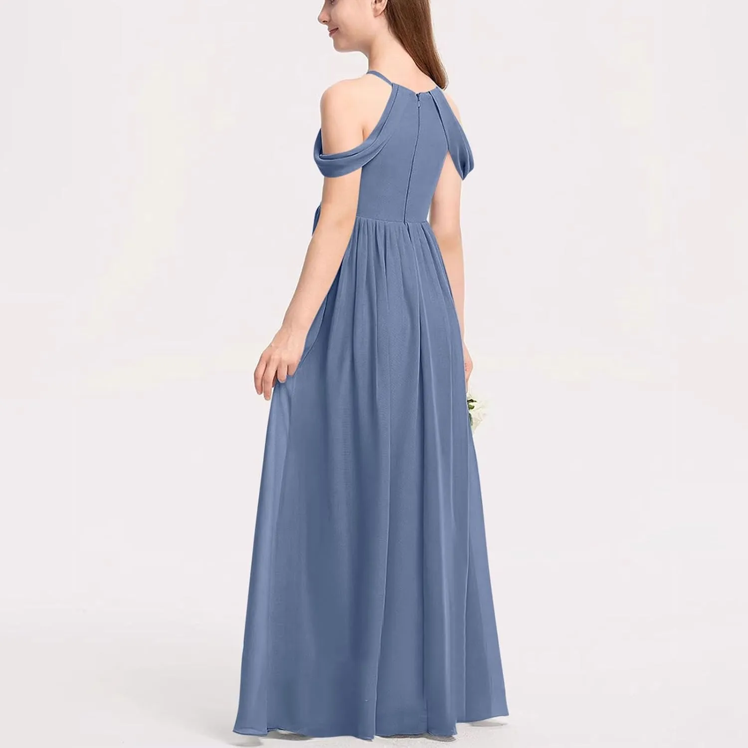 Girls Cold Shoulder Junior Bridesmaid Dresses A-Line Flowy Chiffon Floor Length Wedding Party Pageant Gown for 3-14 Years