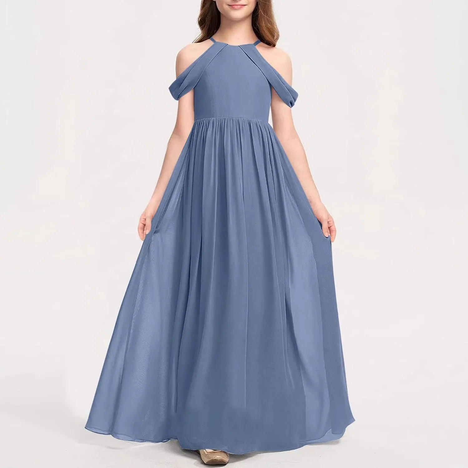 Girls Cold Shoulder Junior Bridesmaid Dresses A-Line Flowy Chiffon Floor Length Wedding Party Pageant Gown for 3-14 Years