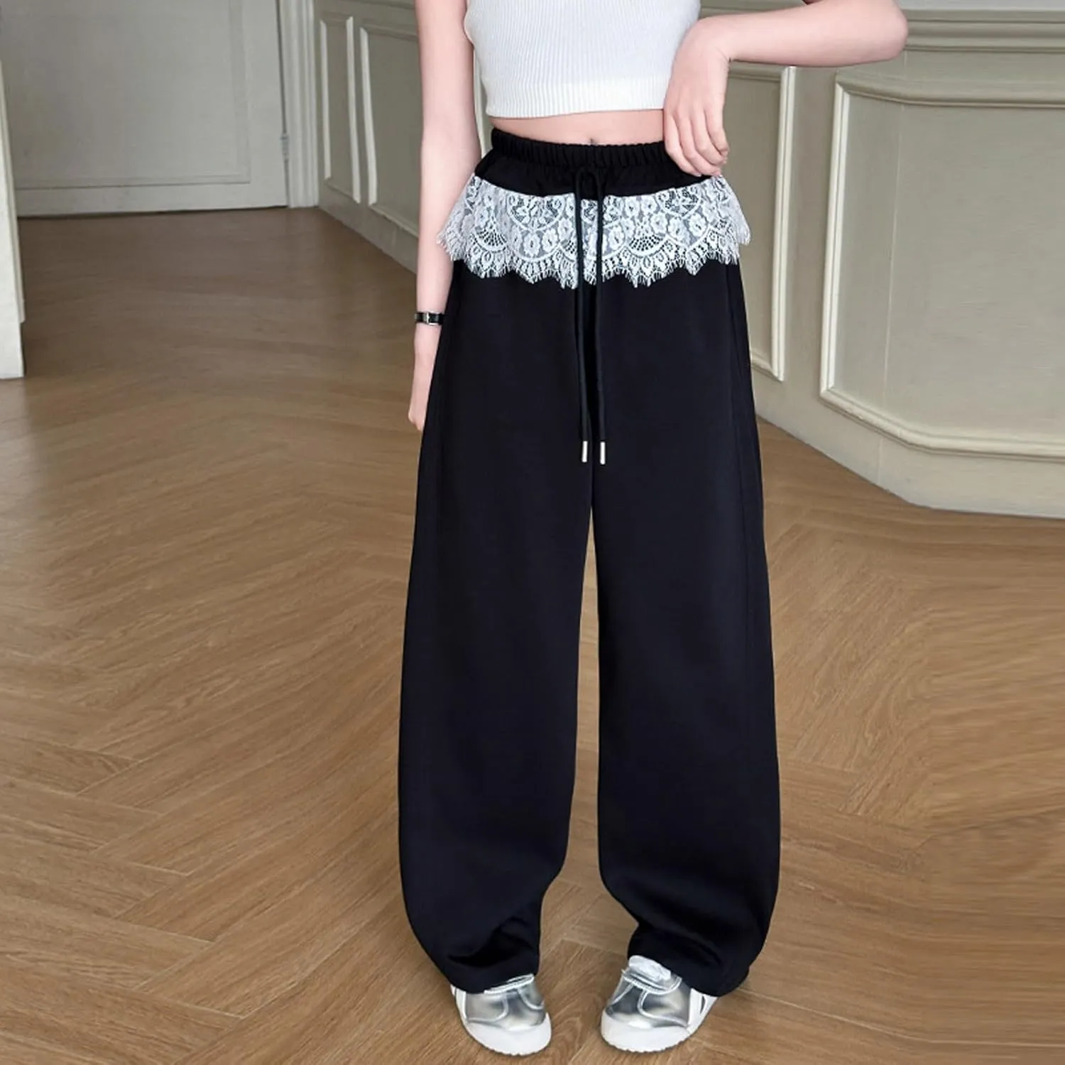 Girl's Wide Leg Sweatpants Lounge Jogger Pants Loose Drawstring Elastic Lace Waist Baggy Yoga Trousers with Pockets