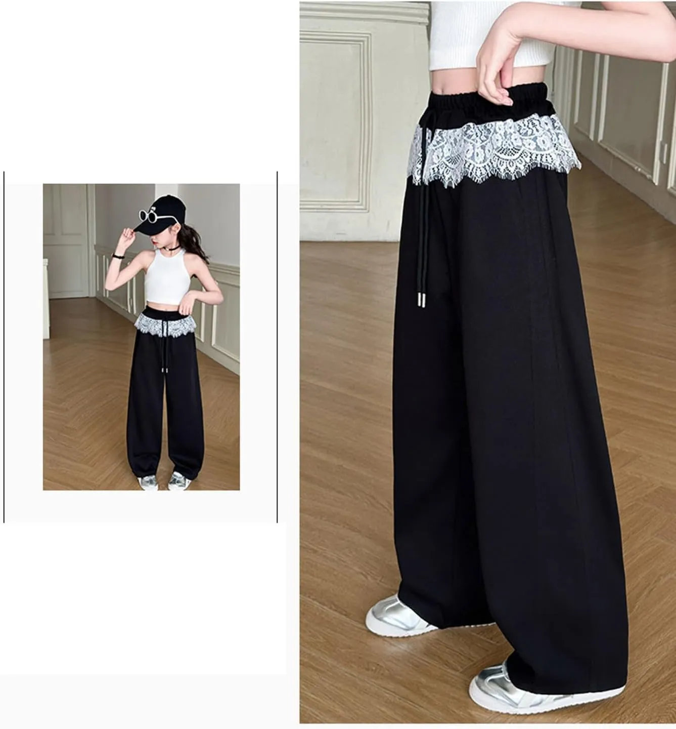 Girl's Wide Leg Sweatpants Lounge Jogger Pants Loose Drawstring Elastic Lace Waist Baggy Yoga Trousers with Pockets