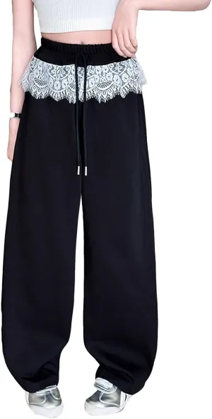 Girl's Wide Leg Sweatpants Lounge Jogger Pants Loose Drawstring Elastic Lace Waist Baggy Yoga Trousers with Pockets