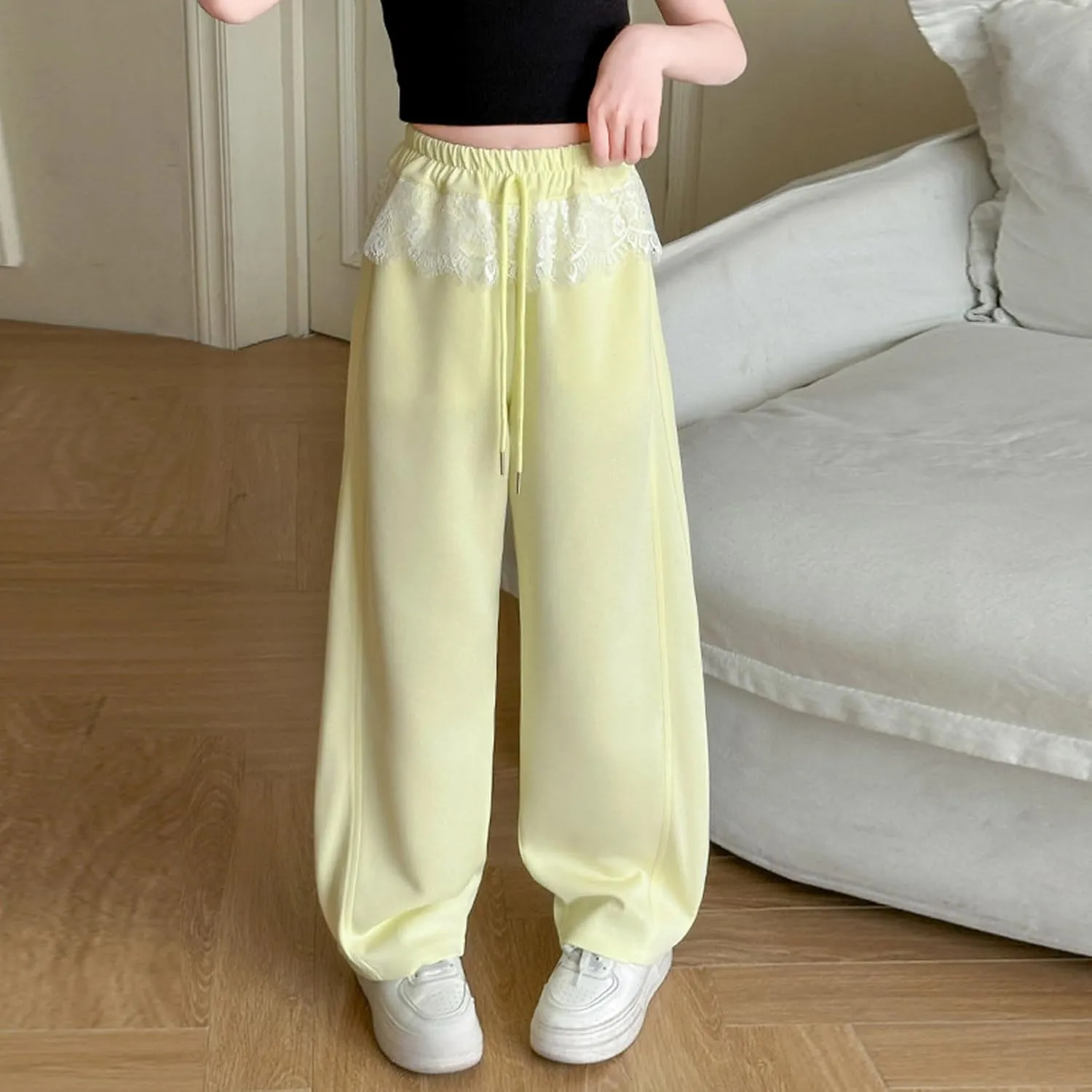 Girl's Wide Leg Sweatpants Lounge Jogger Pants Loose Drawstring Elastic Lace Waist Baggy Yoga Trousers with Pockets
