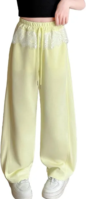 Girl's Wide Leg Sweatpants Lounge Jogger Pants Loose Drawstring Elastic Lace Waist Baggy Yoga Trousers with Pockets
