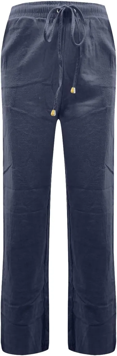 Gumipy Womens Casual Linen Pants Drawstring High Waisted Straight Leg Trousers Pants Trendy Loose Lounge Pants with Pockets