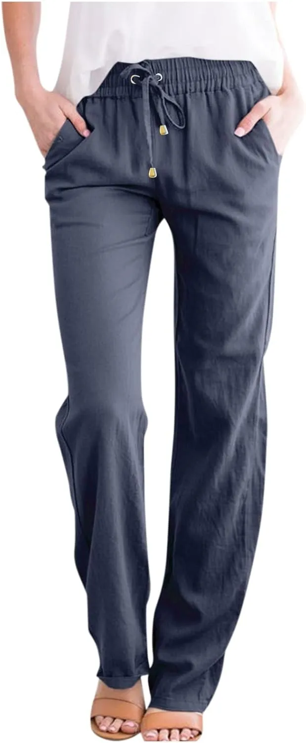 Gumipy Womens Casual Linen Pants Drawstring High Waisted Straight Leg Trousers Pants Trendy Loose Lounge Pants with Pockets