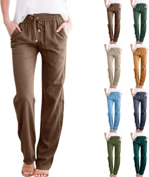 Gumipy Womens Casual Linen Pants Drawstring High Waisted Straight Leg Trousers Pants Trendy Loose Lounge Pants with Pockets