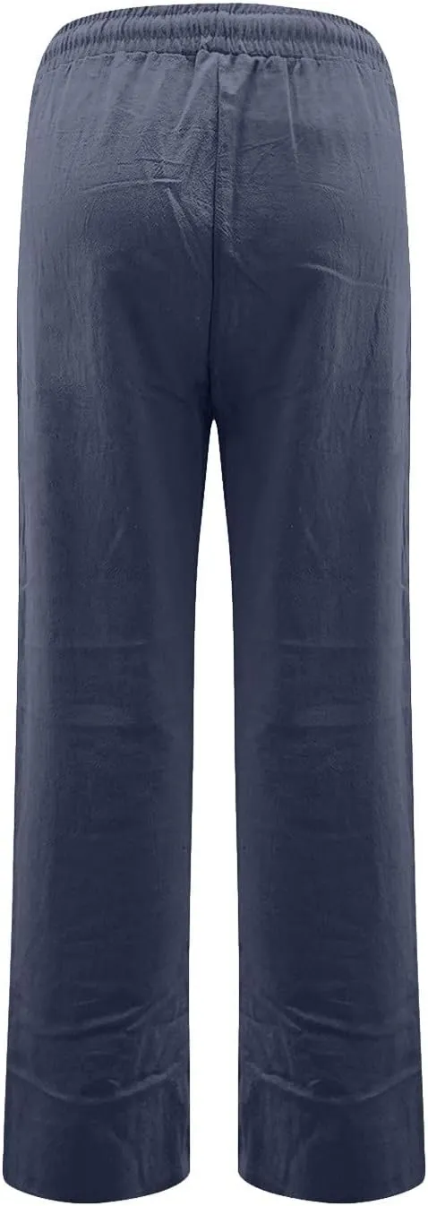 Gumipy Womens Casual Linen Pants Drawstring High Waisted Straight Leg Trousers Pants Trendy Loose Lounge Pants with Pockets