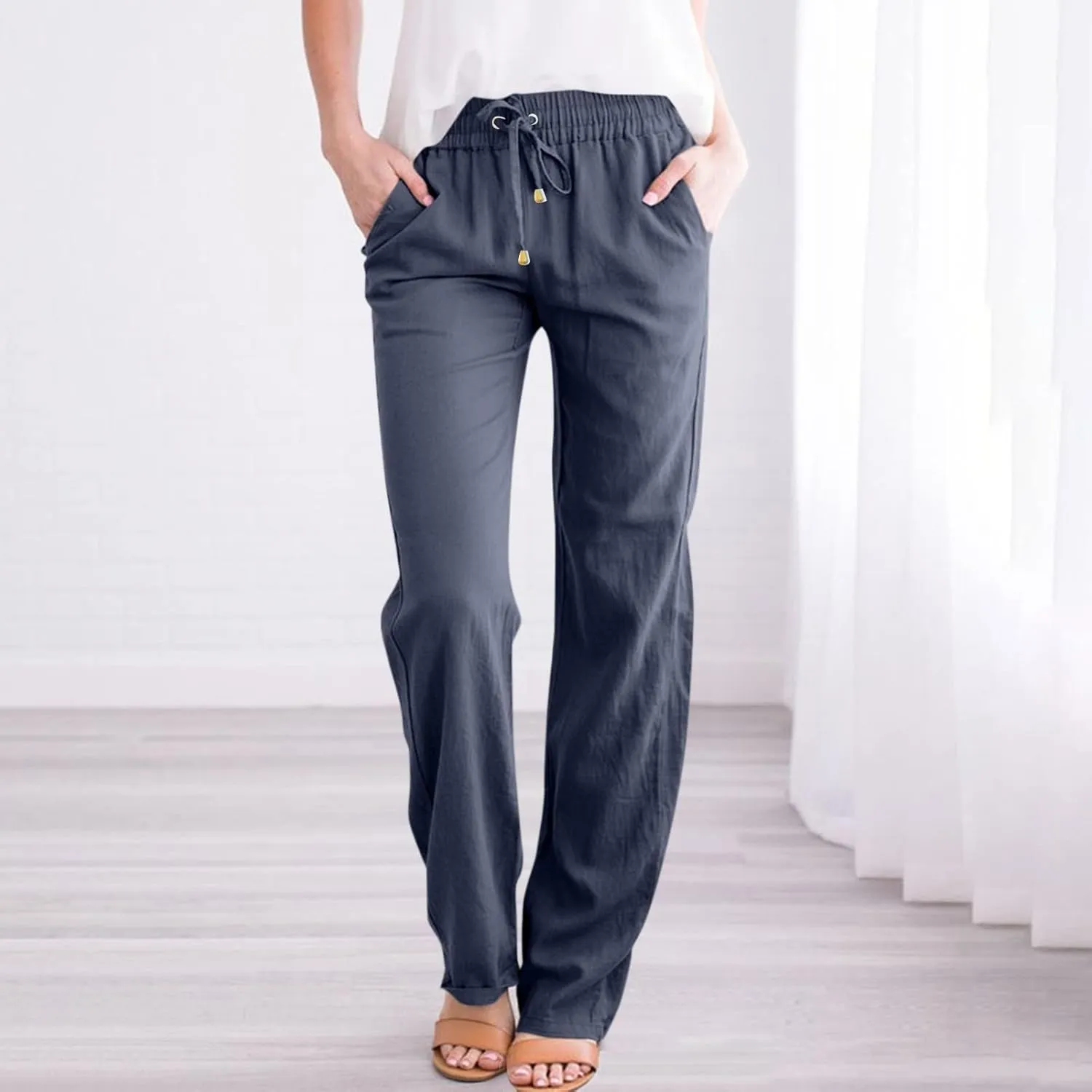 Gumipy Womens Casual Linen Pants Drawstring High Waisted Straight Leg Trousers Pants Trendy Loose Lounge Pants with Pockets