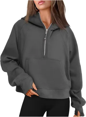 Half Zip Up Hoodies for Women Cropped Casual Fleece Hooded Sweatshirt Trendy Thumb Hole Long Sleeve Shirts Pullover