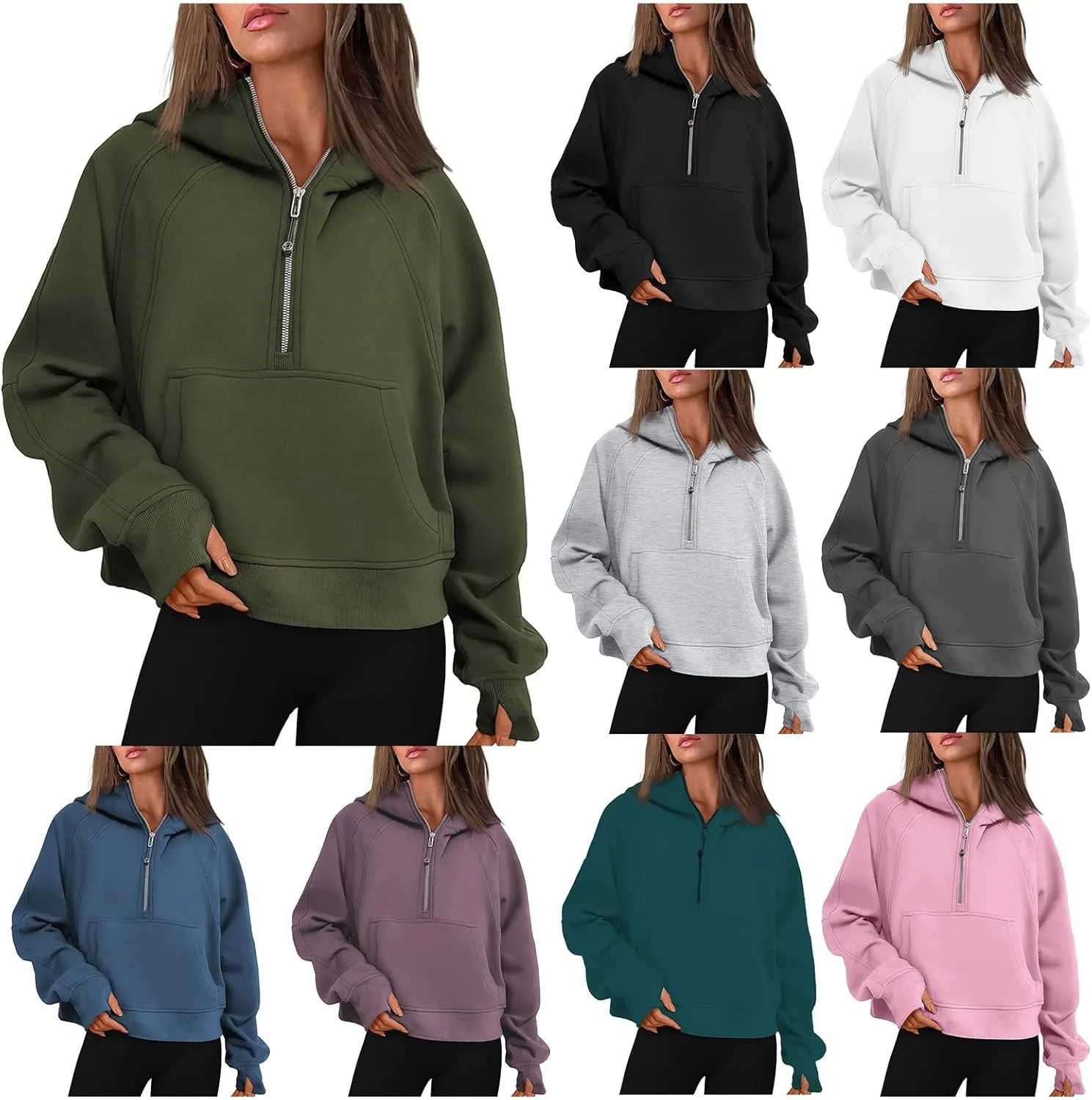 Half Zip Up Hoodies for Women Cropped Casual Fleece Hooded Sweatshirt Trendy Thumb Hole Long Sleeve Shirts Pullover