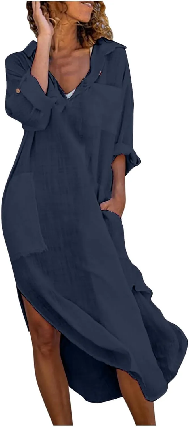 Hawaiian Dresses for Women Lightweight Linen Cotton Coverup Sundresses Casual Relaxed Boho Maxi Outfits with Pockets