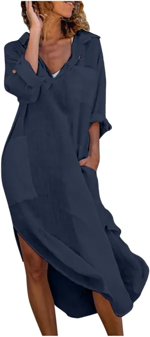 Hawaiian Dresses for Women Lightweight Linen Cotton Coverup Sundresses Casual Relaxed Boho Maxi Outfits with Pockets