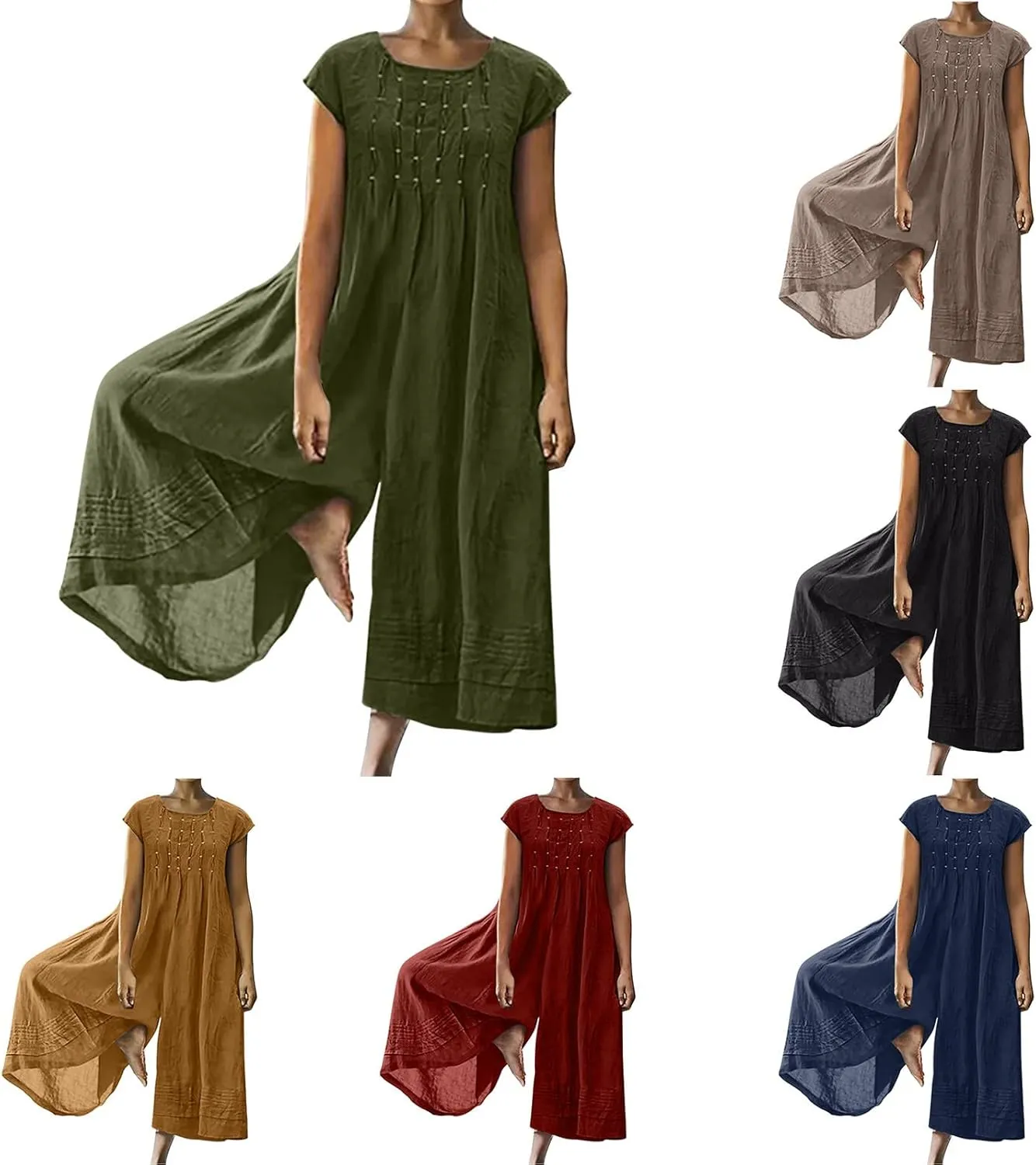 HGps8w 2025 Summer Womens Plus Size Loose Cotton Linen Jumpsuit Cap Sleeve Casual Solid Baggy Rompers Wide Leg Long Pants