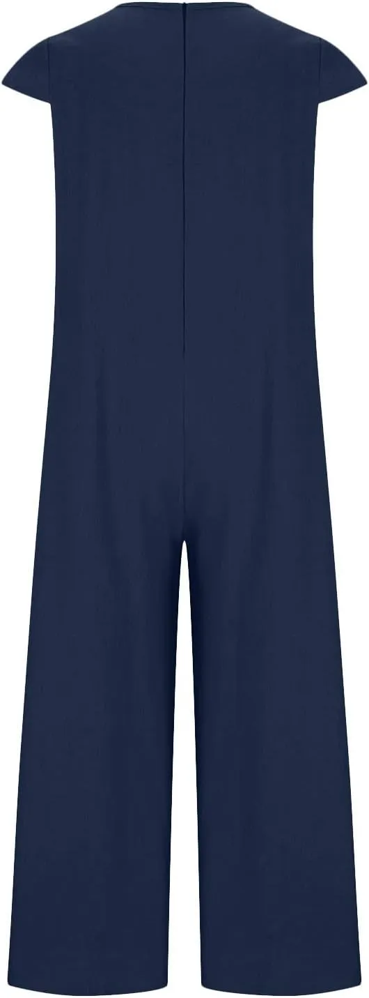 HGps8w 2025 Summer Womens Plus Size Loose Cotton Linen Jumpsuit Cap Sleeve Casual Solid Baggy Rompers Wide Leg Long Pants