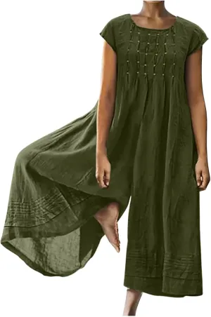 HGps8w 2025 Summer Womens Plus Size Loose Cotton Linen Jumpsuit Cap Sleeve Casual Solid Baggy Rompers Wide Leg Long Pants