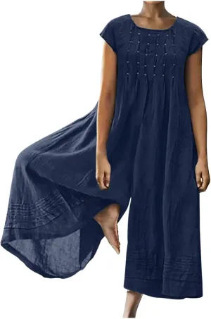 HGps8w 2025 Summer Womens Plus Size Loose Cotton Linen Jumpsuit Cap Sleeve Casual Solid Baggy Rompers Wide Leg Long Pants