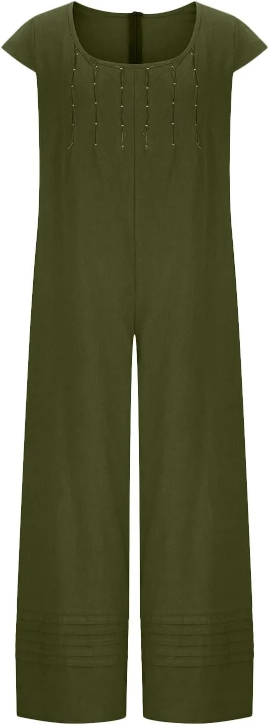 HGps8w 2025 Summer Womens Plus Size Loose Cotton Linen Jumpsuit Cap Sleeve Casual Solid Baggy Rompers Wide Leg Long Pants