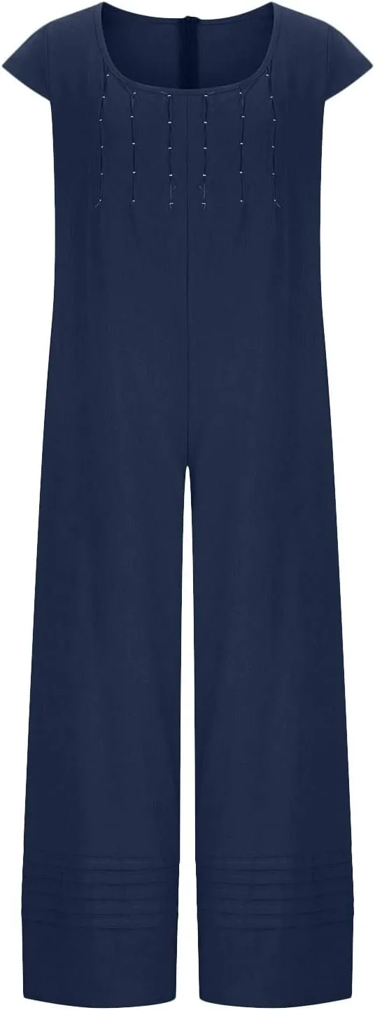 HGps8w 2025 Summer Womens Plus Size Loose Cotton Linen Jumpsuit Cap Sleeve Casual Solid Baggy Rompers Wide Leg Long Pants