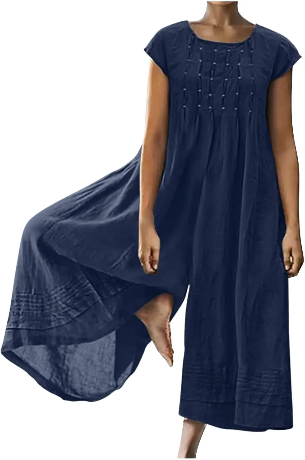 HGps8w 2025 Summer Womens Plus Size Loose Cotton Linen Jumpsuit Cap Sleeve Casual Solid Baggy Rompers Wide Leg Long Pants