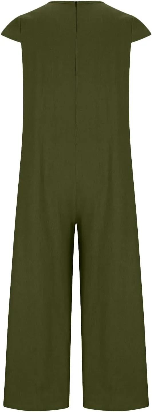 HGps8w 2025 Summer Womens Plus Size Loose Cotton Linen Jumpsuit Cap Sleeve Casual Solid Baggy Rompers Wide Leg Long Pants