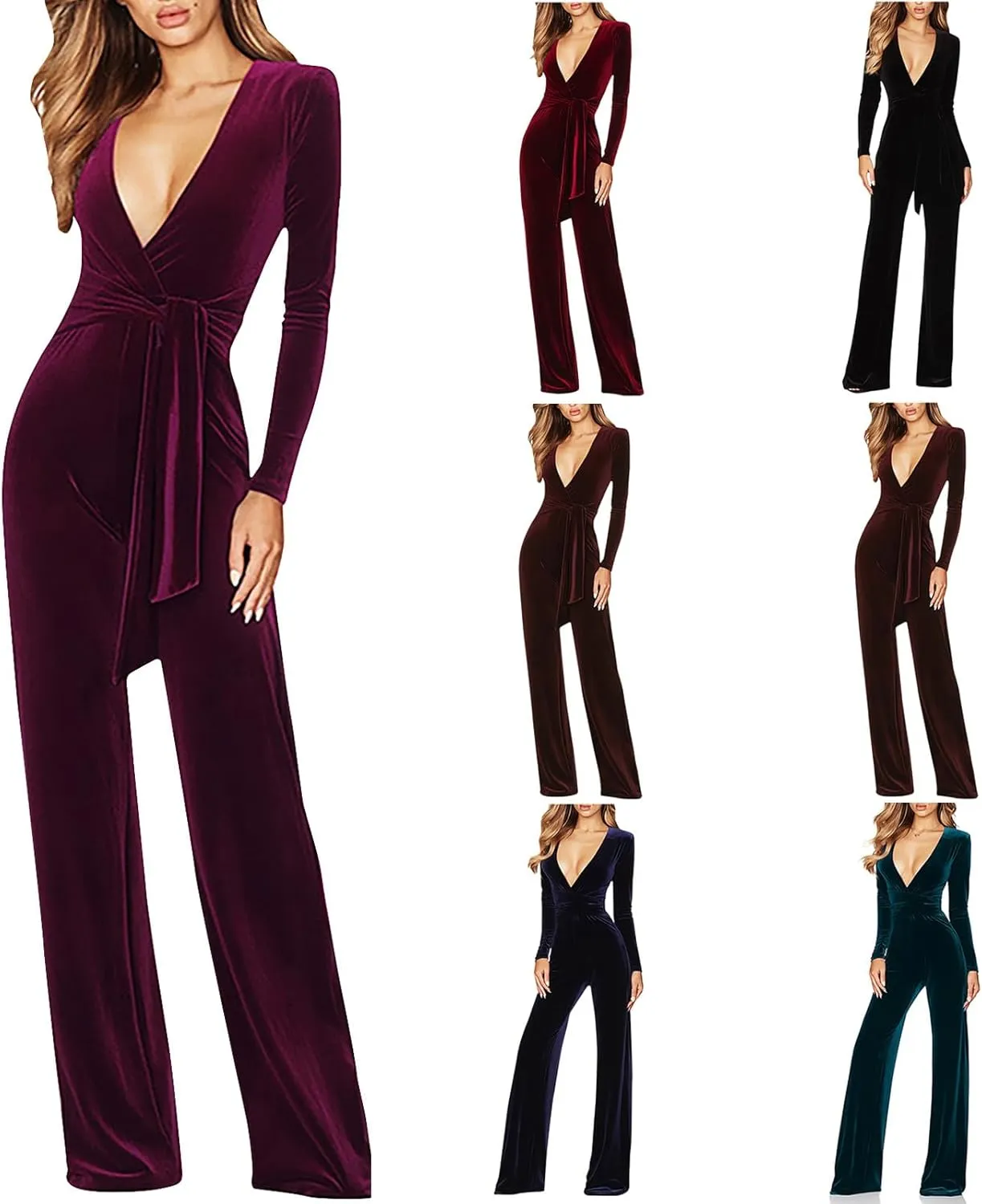 HGps8w Women Sexy V Neck Velvet Jumpsuits Long Sleeve Dressy Belted Romper Wide Leg Pants Onesie One Piece Elegant Pantsuits
