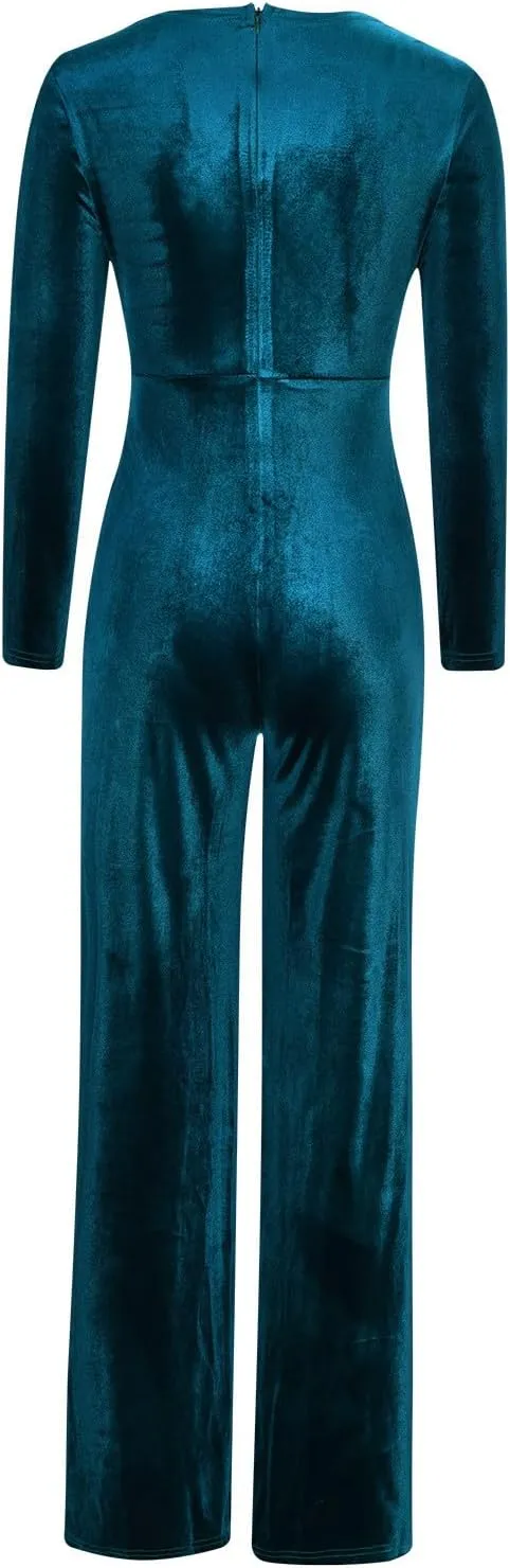 HGps8w Women Sexy V Neck Velvet Jumpsuits Long Sleeve Dressy Belted Romper Wide Leg Pants Onesie One Piece Elegant Pantsuits