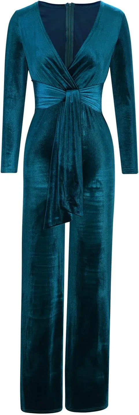 HGps8w Women Sexy V Neck Velvet Jumpsuits Long Sleeve Dressy Belted Romper Wide Leg Pants Onesie One Piece Elegant Pantsuits