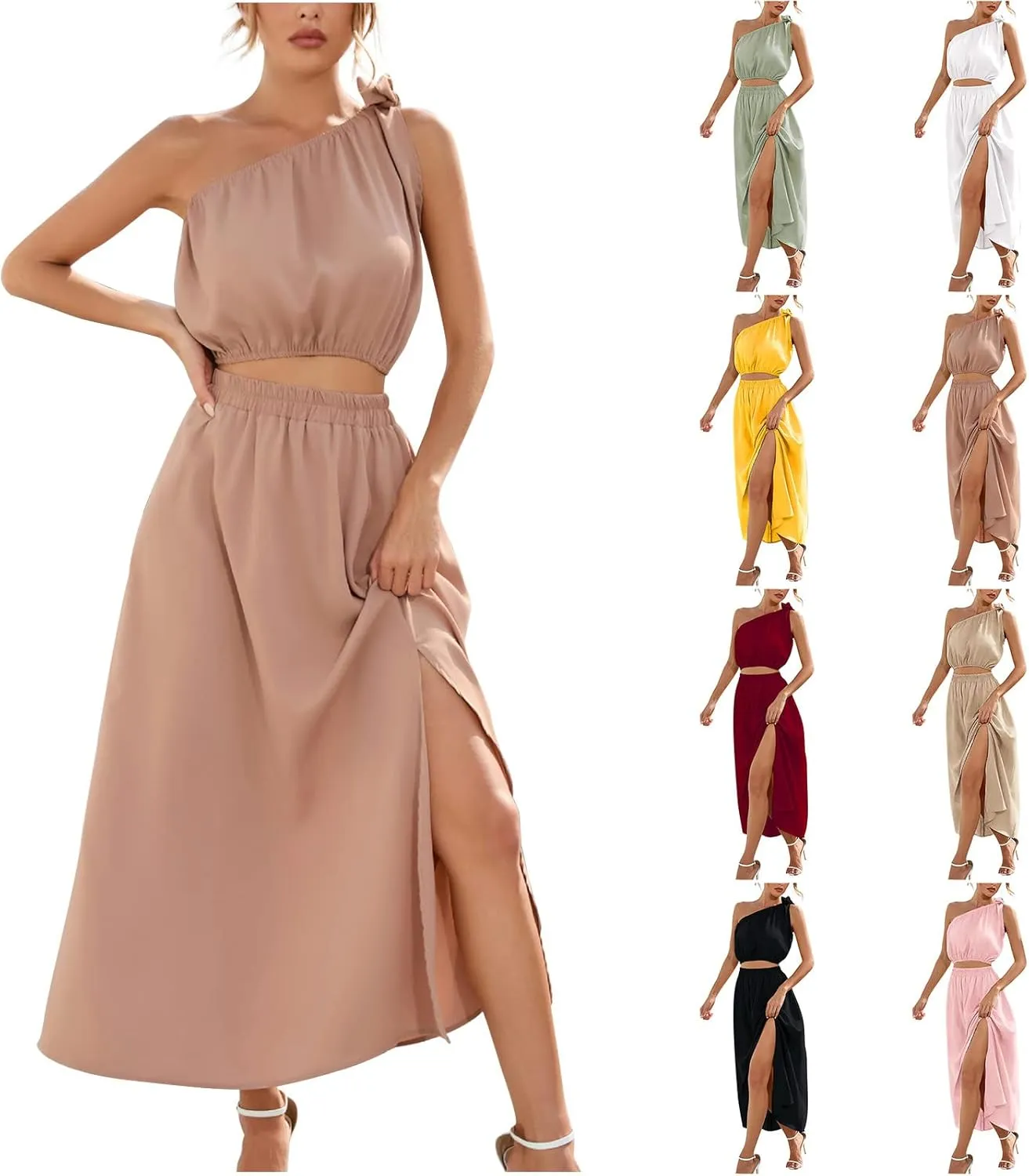 HGps8w Women's 2 Piece Summer Outftis Casual One Shoulder Crop Top High Waisted Slde Slit Maxi Skirt Boho Dress Set